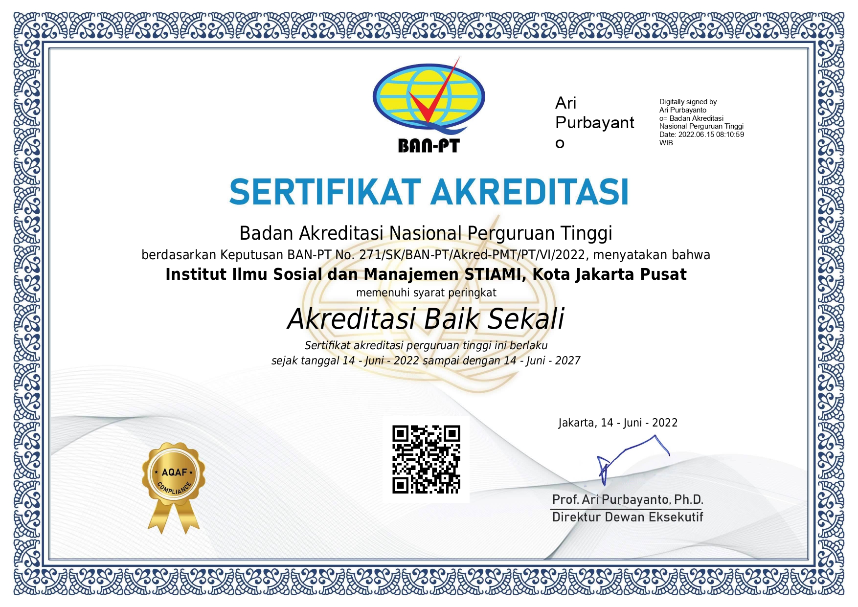 Sertifikat Akreditasi STIAMI